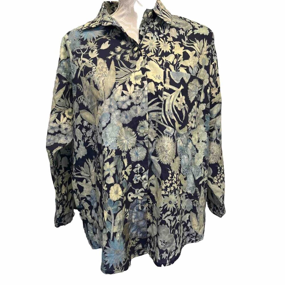 YAVI Baggy Blouse Tunic Floral Blue Yellow Small Button Front